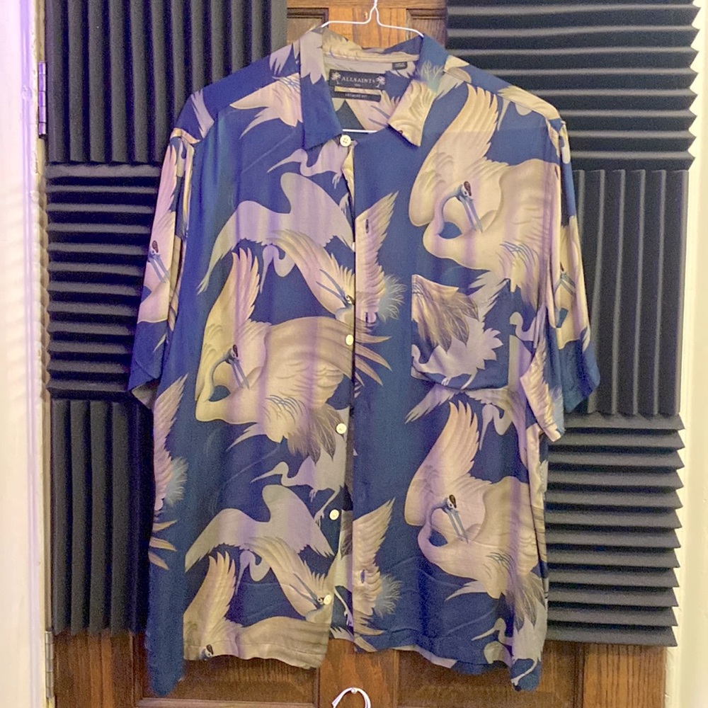 all saints viscose print button down